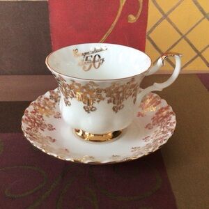 Vintage Gold Floral Teacup and Saucer 50th Wedding Anniversary